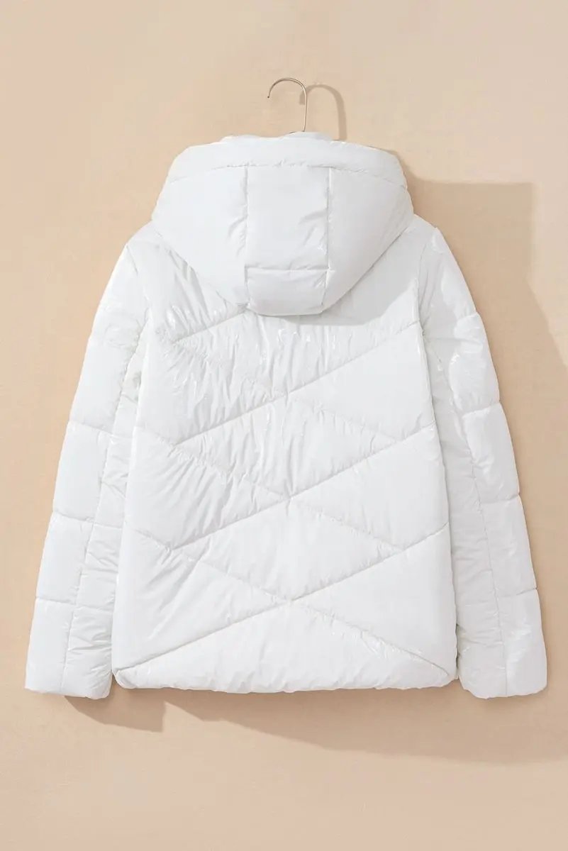 White Solid Quilted Hooded Zip Up Puffer Jackets - Love Salve